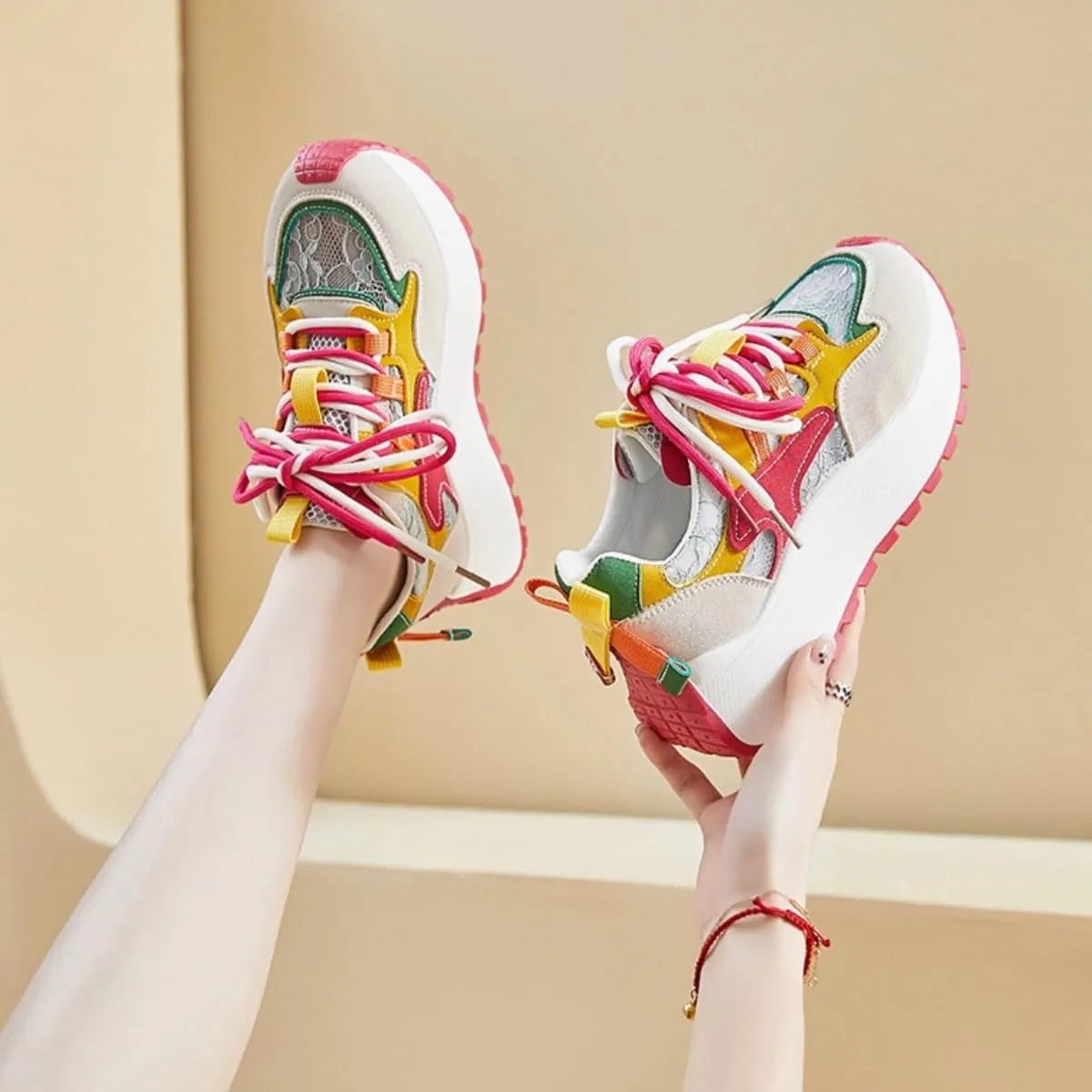 Color-Blocked Chunky Sneakers for Women & Girls Trendy Platform 4.5cm Walking Shoes for Travel & Gifts