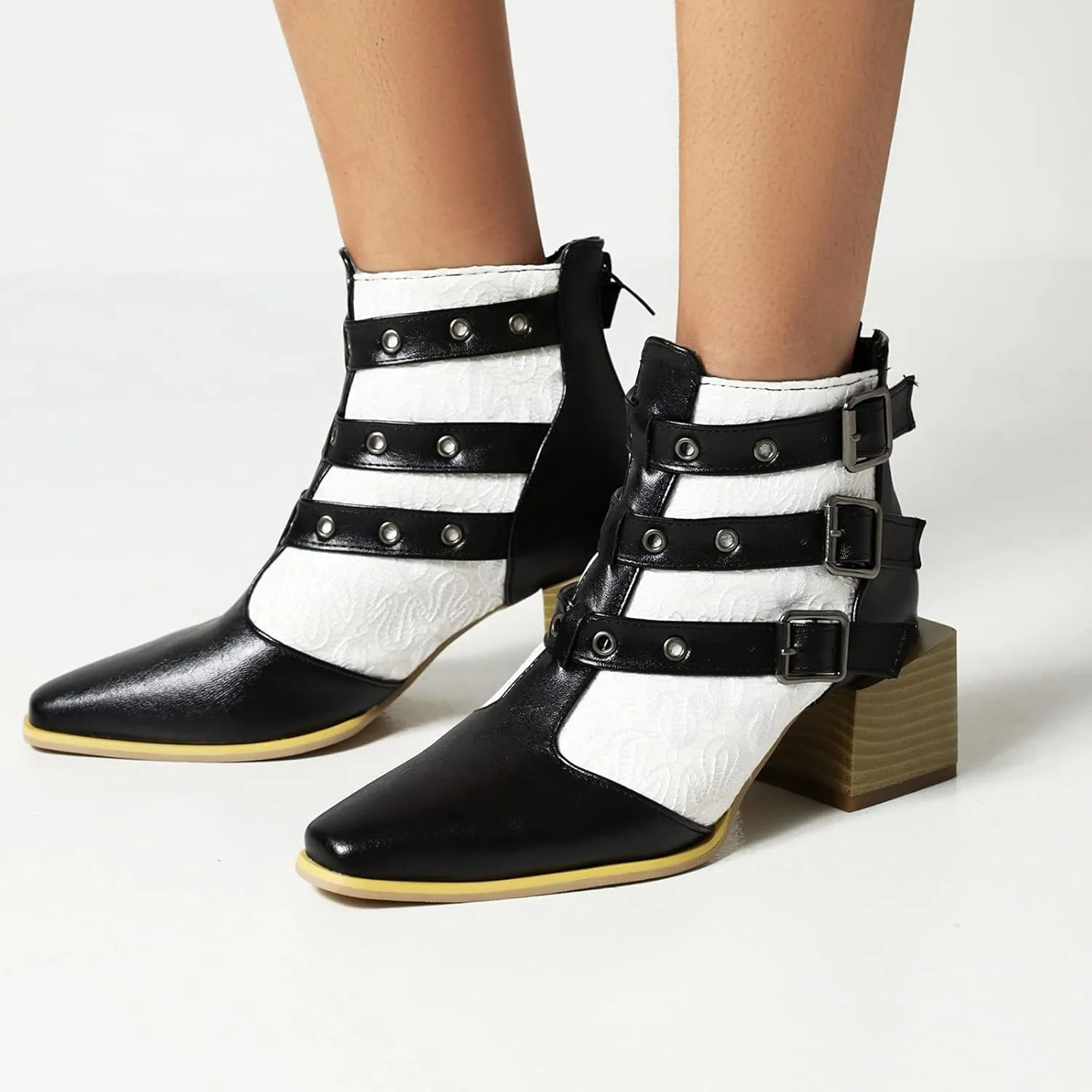 Colorblock Ankle Boots for Women - Fashion Pointed Toe Three Buckles Strap Back Zipper Chunky Mid Heel Motorcycle Boots Casual Ladies Shoes