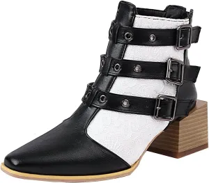 Colorblock Ankle Boots for Women - Fashion Pointed Toe Three Buckles Strap Back Zipper Chunky Mid Heel Motorcycle Boots Casual Ladies Shoes