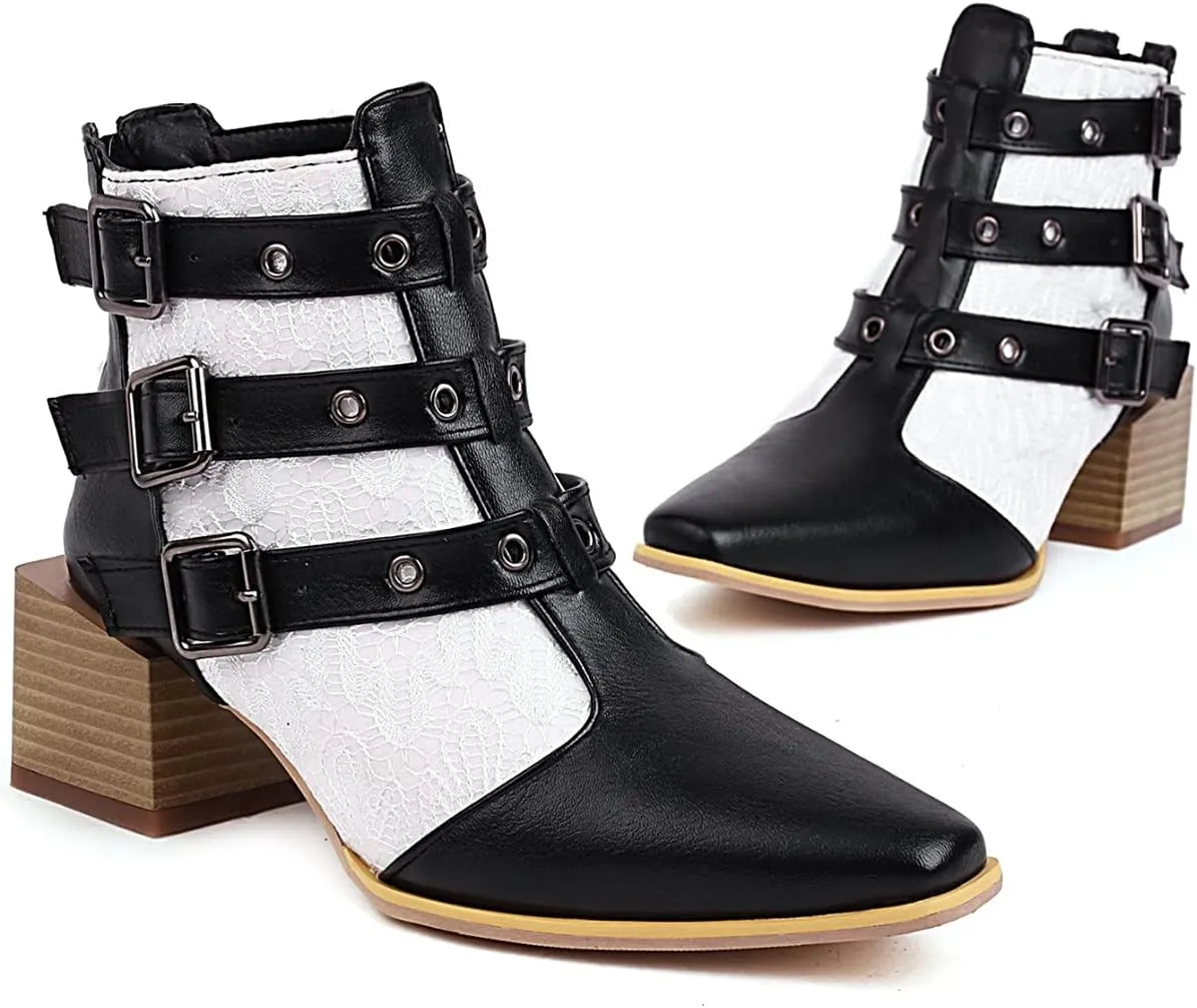 Colorblock Ankle Boots for Women - Fashion Pointed Toe Three Buckles Strap Back Zipper Chunky Mid Heel Motorcycle Boots Casual Ladies Shoes