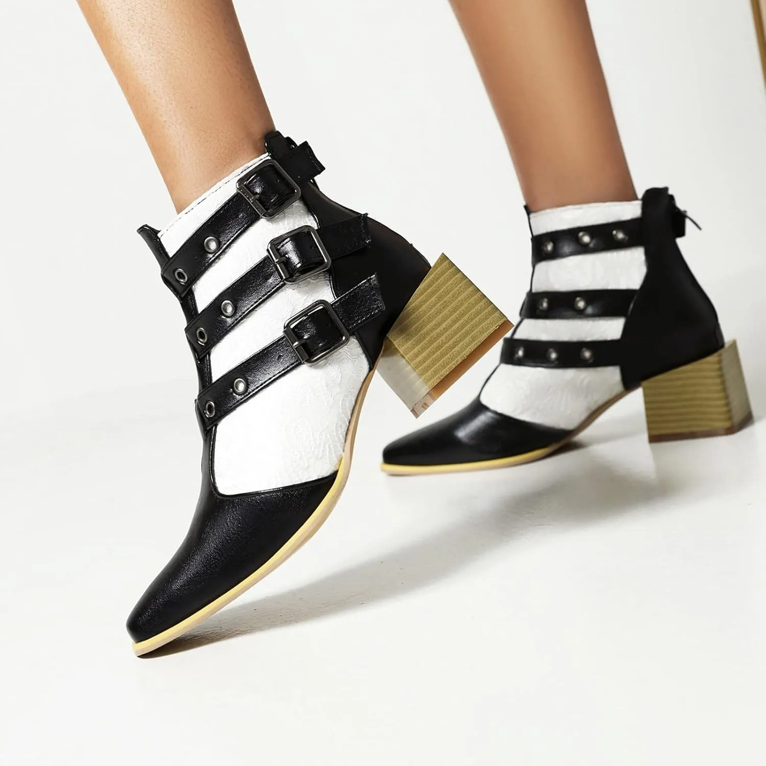 Colorblock Ankle Boots for Women - Fashion Pointed Toe Three Buckles Strap Back Zipper Chunky Mid Heel Motorcycle Boots Casual Ladies Shoes