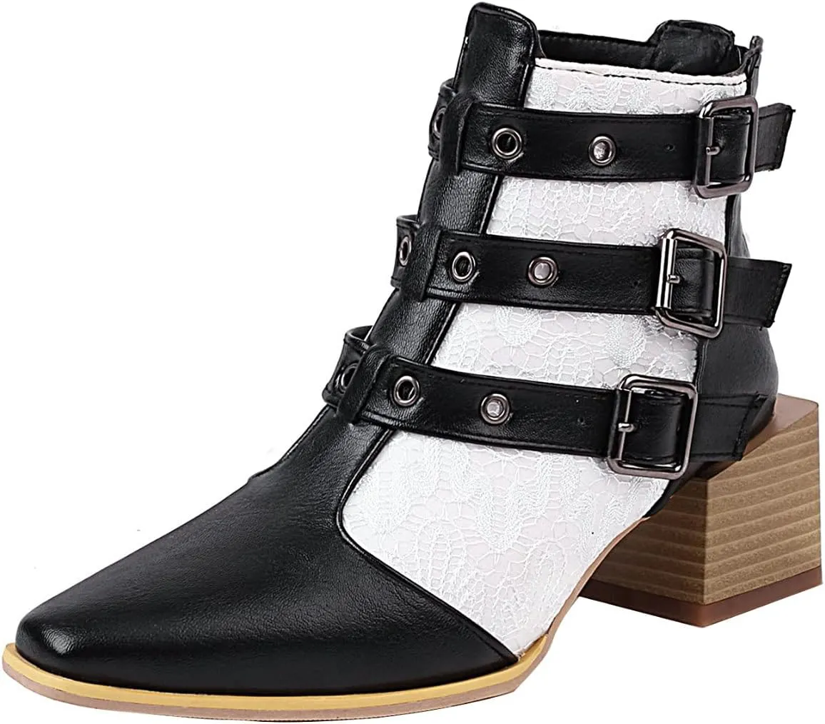 Colorblock Ankle Boots for Women - Fashion Pointed Toe Three Buckles Strap Back Zipper Chunky Mid Heel Motorcycle Boots Casual Ladies Shoes