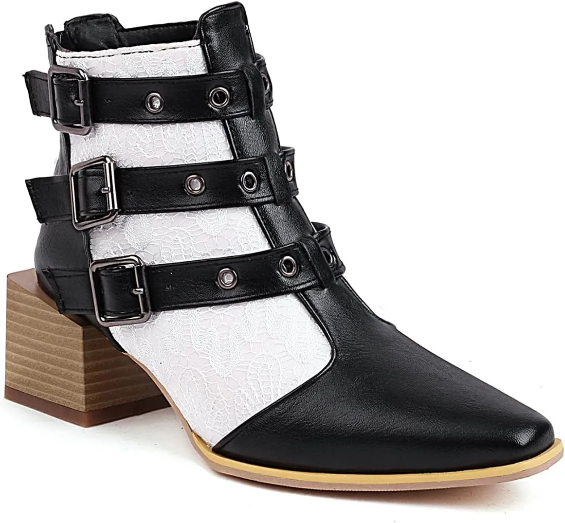 Colorblock Ankle Boots for Women - Fashion Pointed Toe Three Buckles Strap Back Zipper Chunky Mid Heel Motorcycle Boots Casual Ladies Shoes