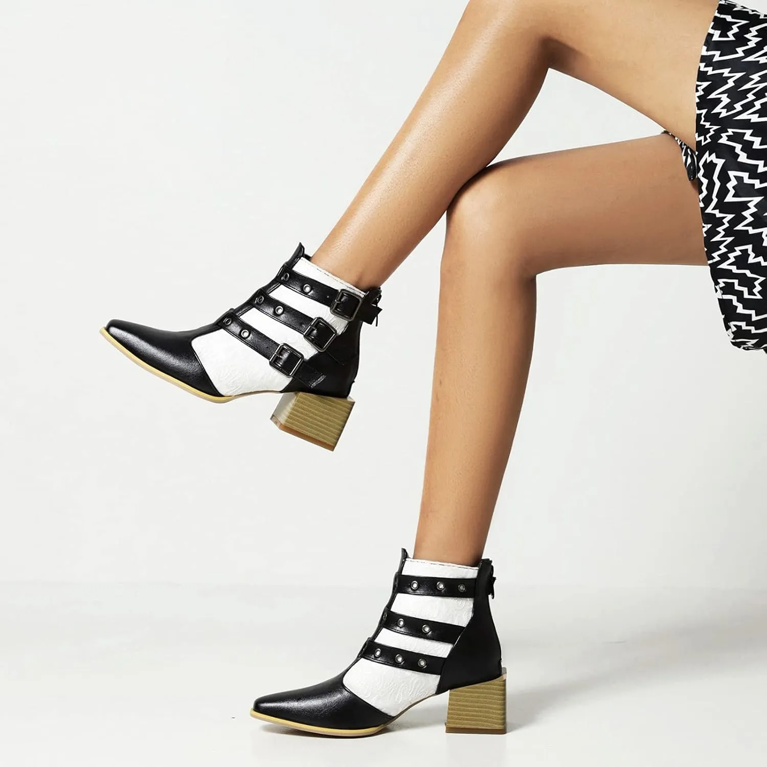 Colorblock Ankle Boots for Women - Fashion Pointed Toe Three Buckles Strap Back Zipper Chunky Mid Heel Motorcycle Boots Casual Ladies Shoes