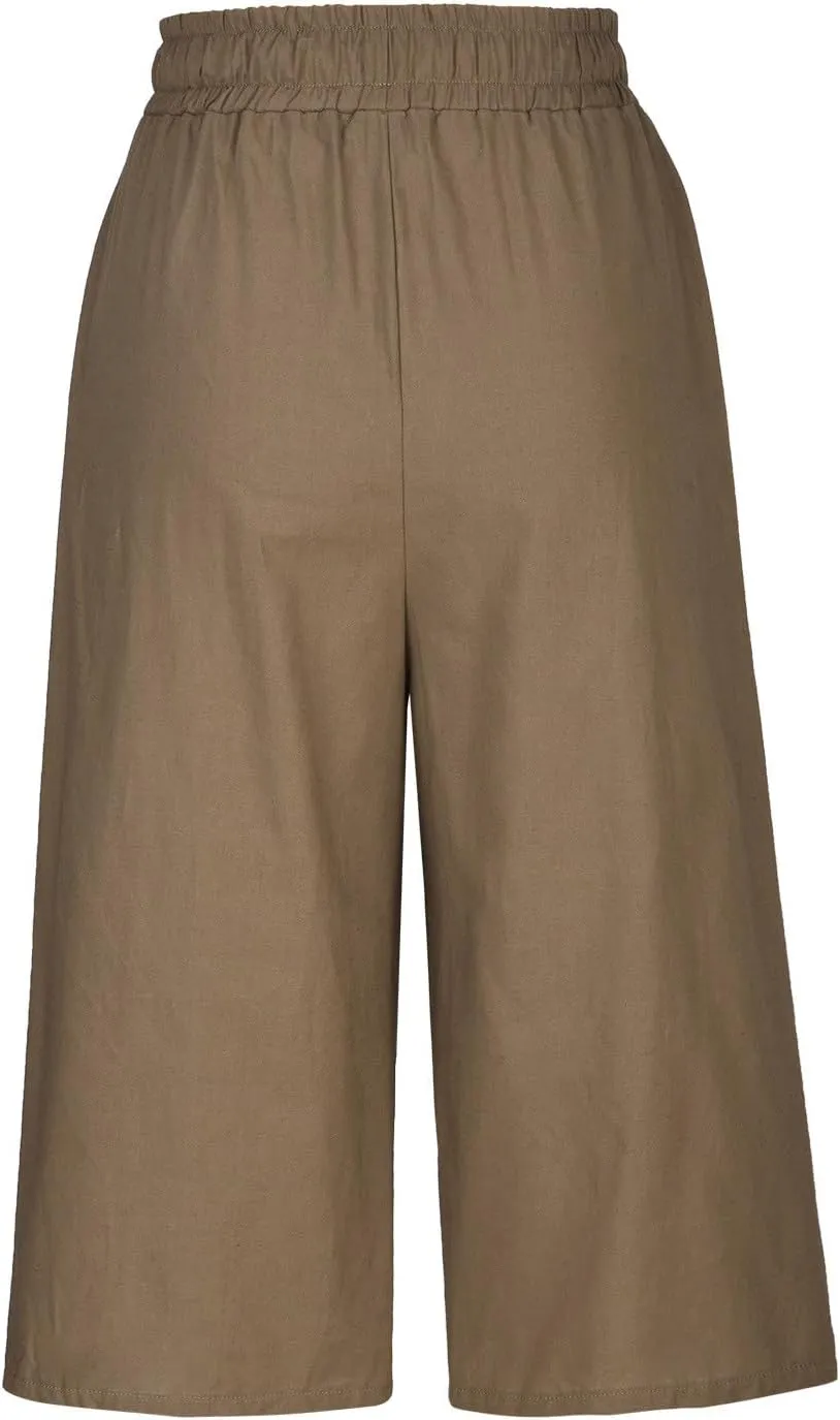 Cotton Linen Capri Pants for Women 2025 Casual Summer Drawstring Below The Knee Length Cropped Trouser with Pockets