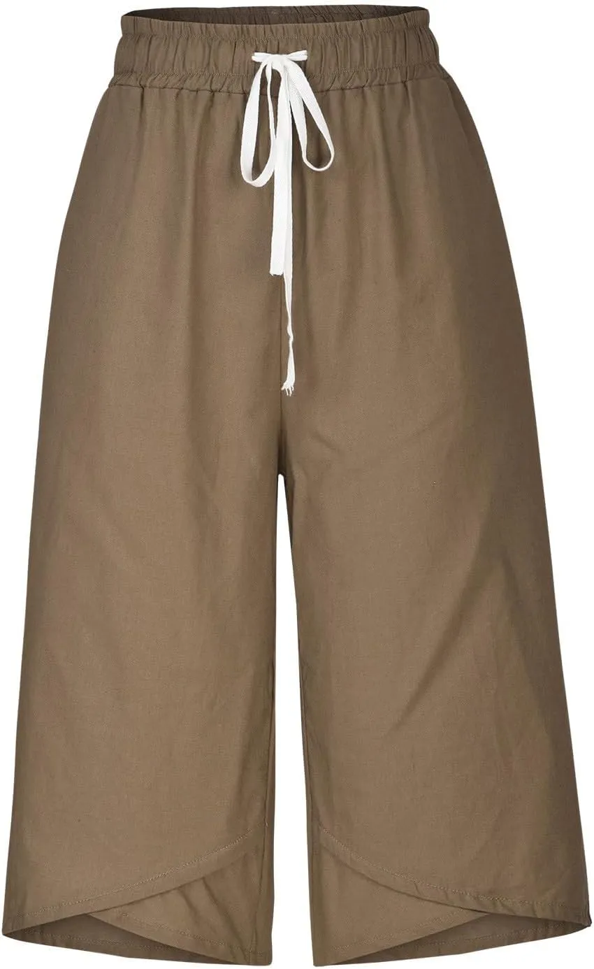 Cotton Linen Capri Pants for Women 2025 Casual Summer Drawstring Below The Knee Length Cropped Trouser with Pockets