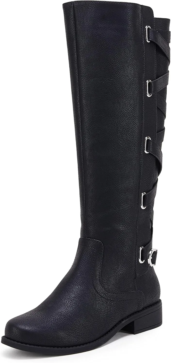 Coutgo Womens Lace Up Knee High Boots Motorcycle Riding Flat Low Heels Strappy Winter Combat Boots