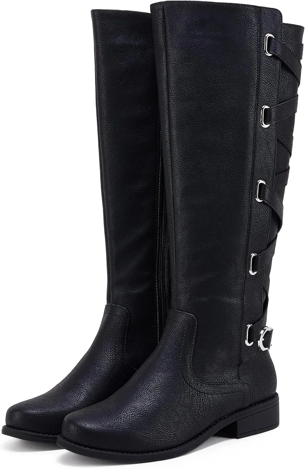 Coutgo Womens Lace Up Knee High Boots Motorcycle Riding Flat Low Heels Strappy Winter Combat Boots