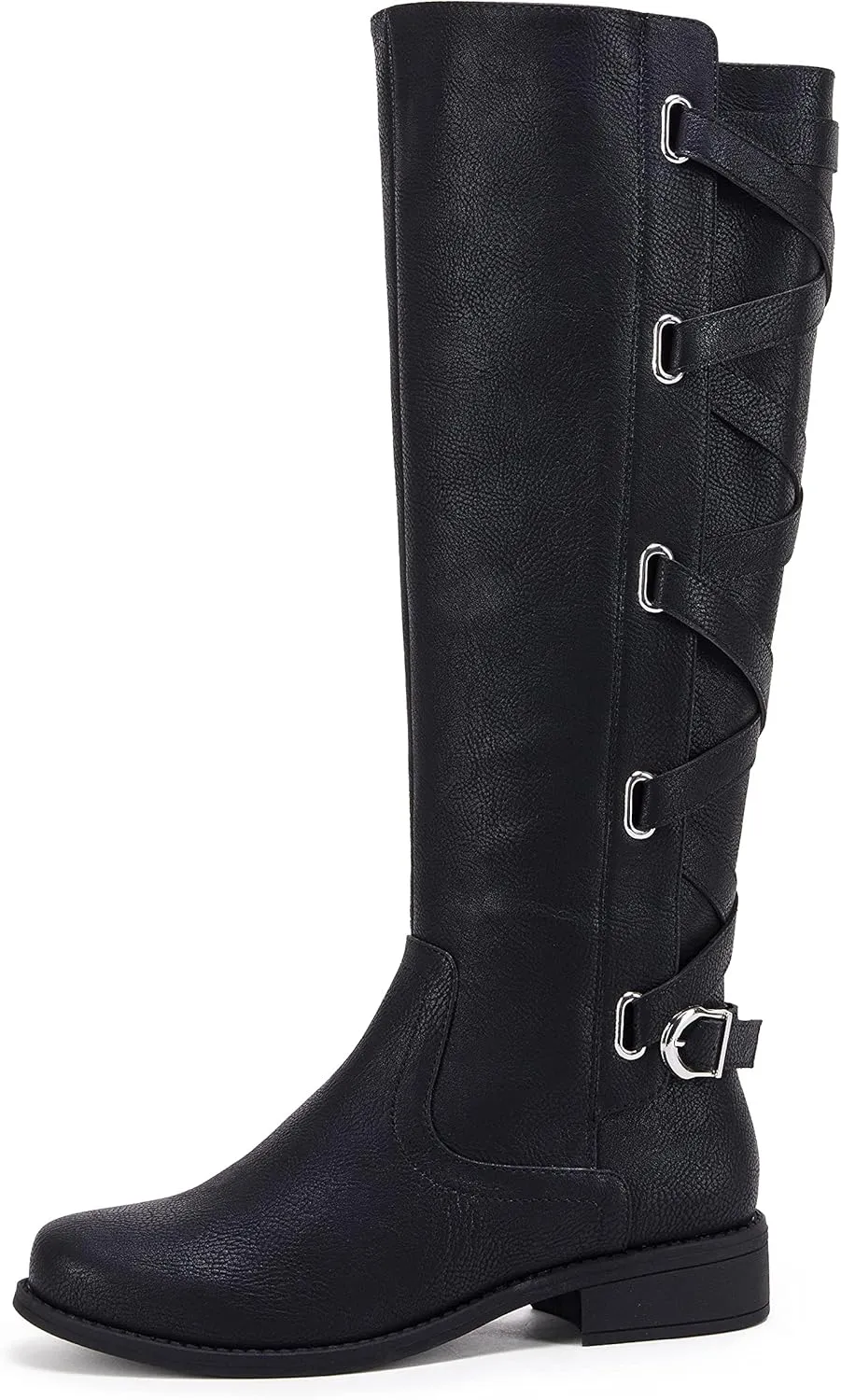 Coutgo Womens Lace Up Knee High Boots Motorcycle Riding Flat Low Heels Strappy Winter Combat Boots