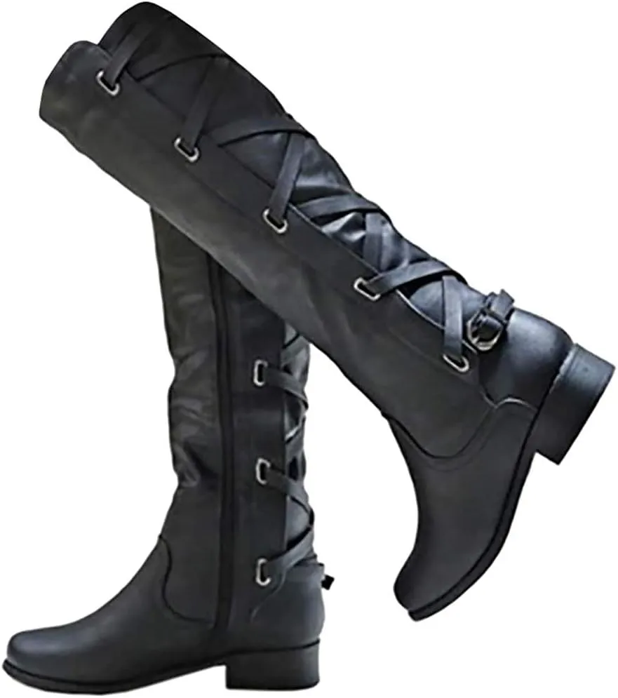 Coutgo Womens Lace Up Knee High Boots Motorcycle Riding Flat Low Heels Strappy Winter Combat Boots