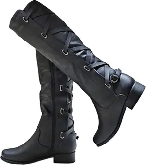 Coutgo Womens Lace Up Knee High Boots Motorcycle Riding Flat Low Heels Strappy Winter Combat Boots