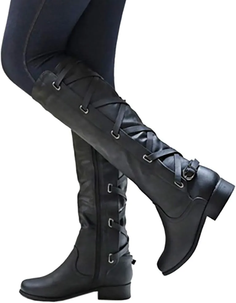 Coutgo Womens Lace Up Knee High Boots Motorcycle Riding Flat Low Heels Strappy Winter Combat Boots