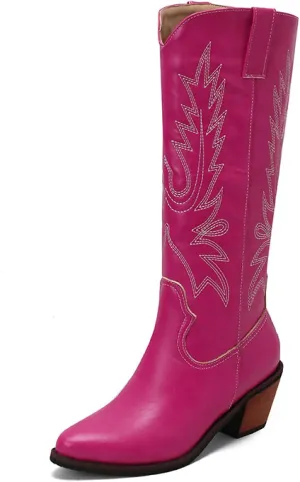 Cowboy Boots for Women, Wide Calf Knee High Cowgirl Boots with Side Zipper and Sparkly Glitter Embroidery, Mid Heel Retro Fashion Tall Cowgirl Boot Pull On for Ladies-Rose Red||43