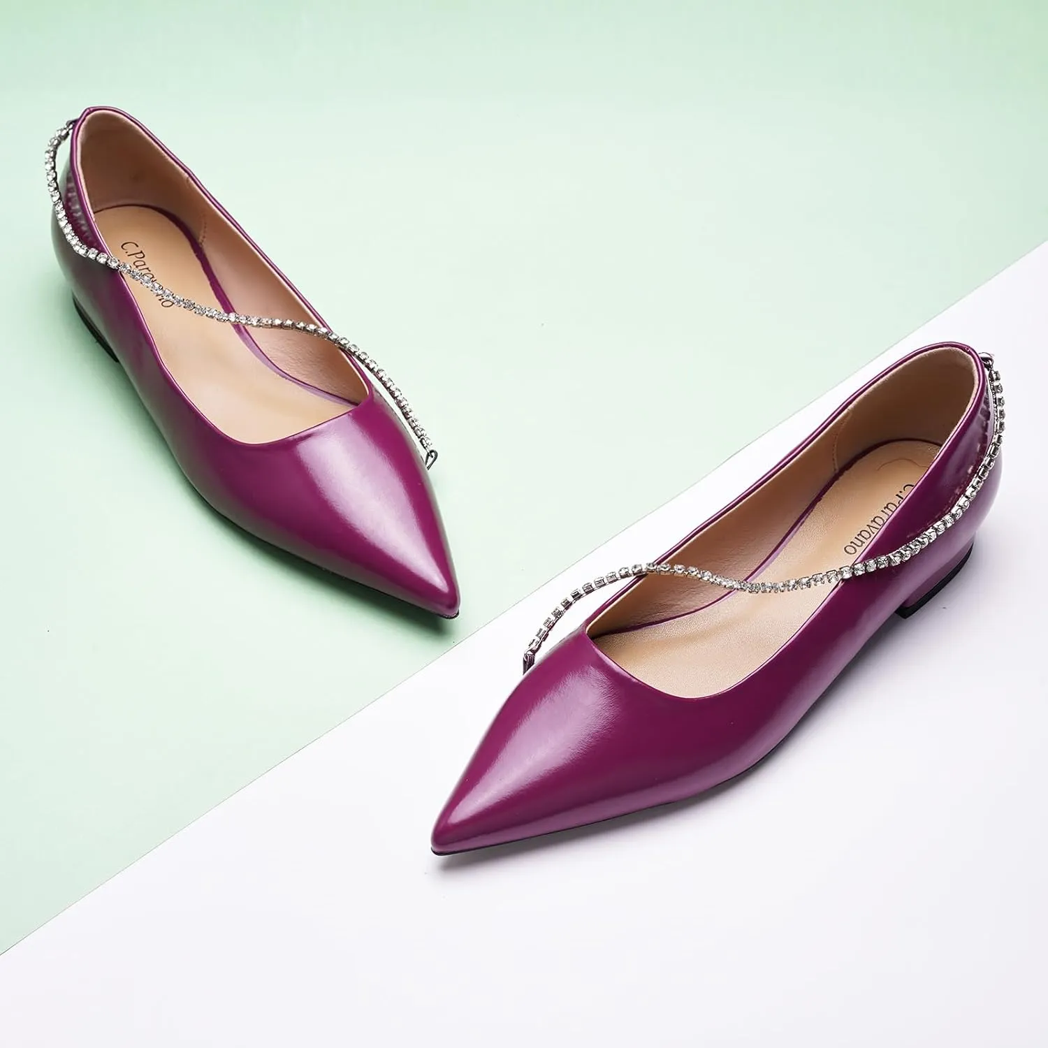 C.Paravano Crystal Chain Pointed Toe Flats Comfortable Party Dressy Shoes for Women Designer Shoes Women's Flats
