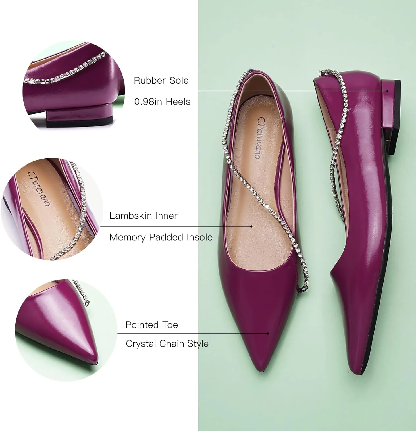 C.Paravano Crystal Chain Pointed Toe Flats Comfortable Party Dressy Shoes for Women Designer Shoes Women's Flats