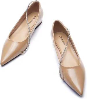 C.Paravano Crystal Chain Pointed Toe Flats Comfortable Party Dressy Shoes for Women Designer Shoes Women's Flats