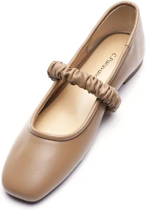 C.Paravano Mary Jane Flats for Women | Square Toe Ballet Flats with Pearl Strap | Comfortable Dress Shoes for Work, Wedding, Party & Daily Wear(Size 11.5,Camel_a)