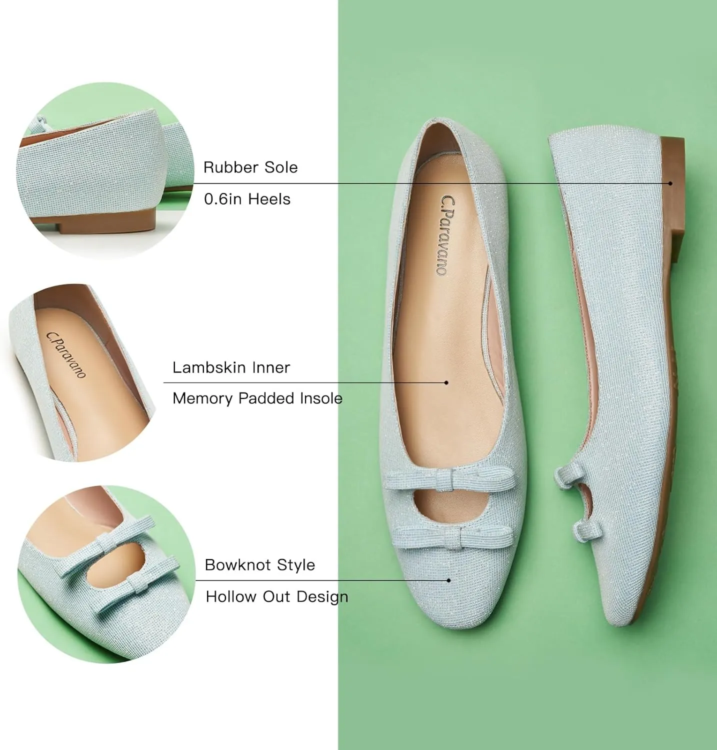 C.Paravano Women's Ballet Flats Bowknot Hollow-Out Design Round Toe Dress Shoes for Women Comfortable Business Office Work Casual Shoes