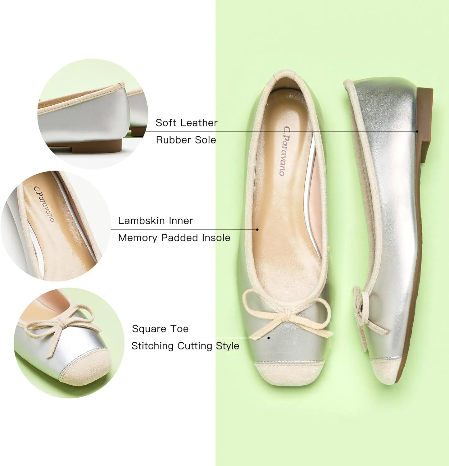 C.Paravano Women's Flats with Bowknot | Casual Slip On Dress Shoes | Comfortable Square Toe Shoes | Women Ballet Flats for Wedding Work Office Business