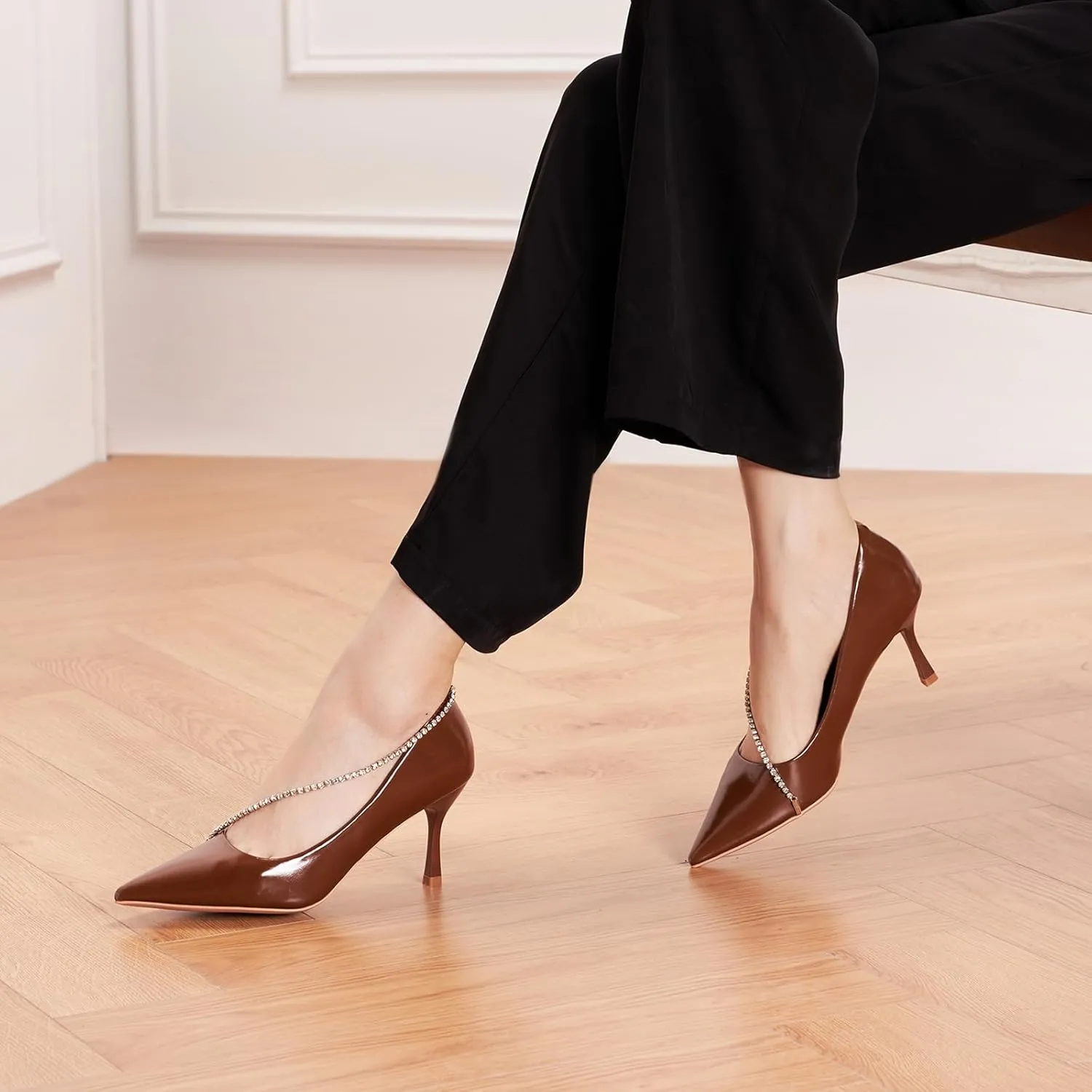 C.Paravano Women's Pumps | Crystal Chain Heels | Pointed Toe Kitten Heel | Comfortable Dress Shoes | Elegant Party Wedding Designer Shoes