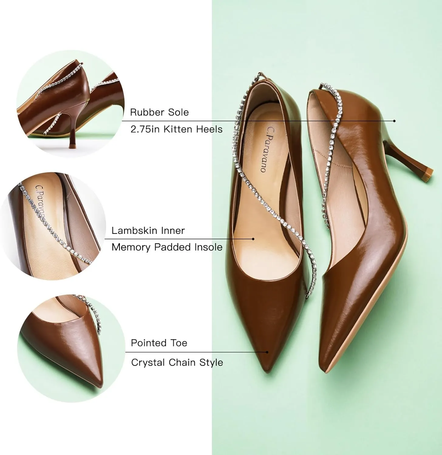 C.Paravano Women's Pumps | Crystal Chain Heels | Pointed Toe Kitten Heel | Comfortable Dress Shoes | Elegant Party Wedding Designer Shoes