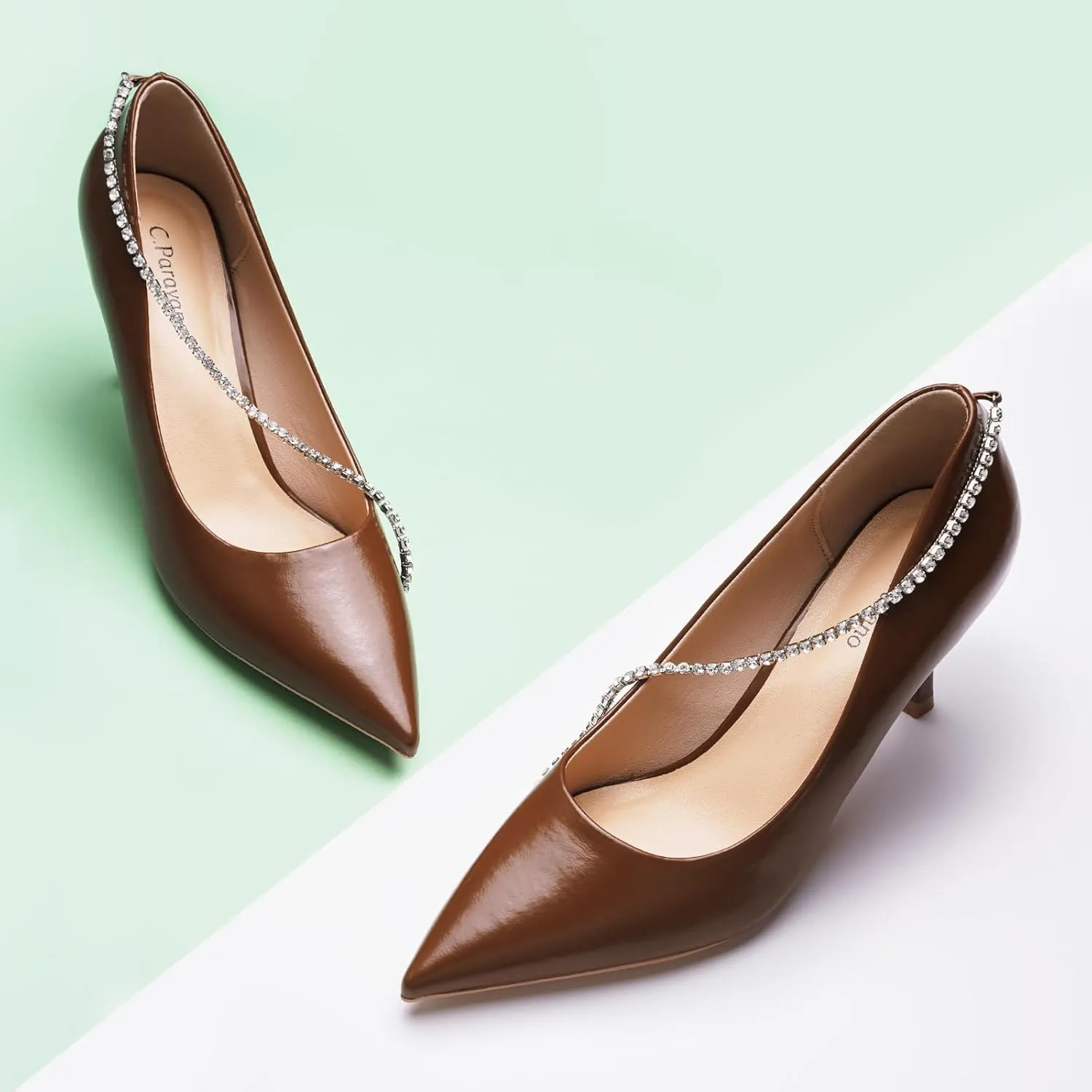 C.Paravano Women's Pumps | Crystal Chain Heels | Pointed Toe Kitten Heel | Comfortable Dress Shoes | Elegant Party Wedding Designer Shoes