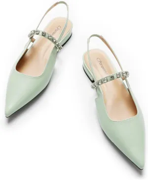 C.Paravano Women's Slingback Flats Crystal Strap Pointed Toe Sandals Comfortable Leather Dress Shoes for Wedding, Party, Work & Everyday Casual(Size 12,Silver)