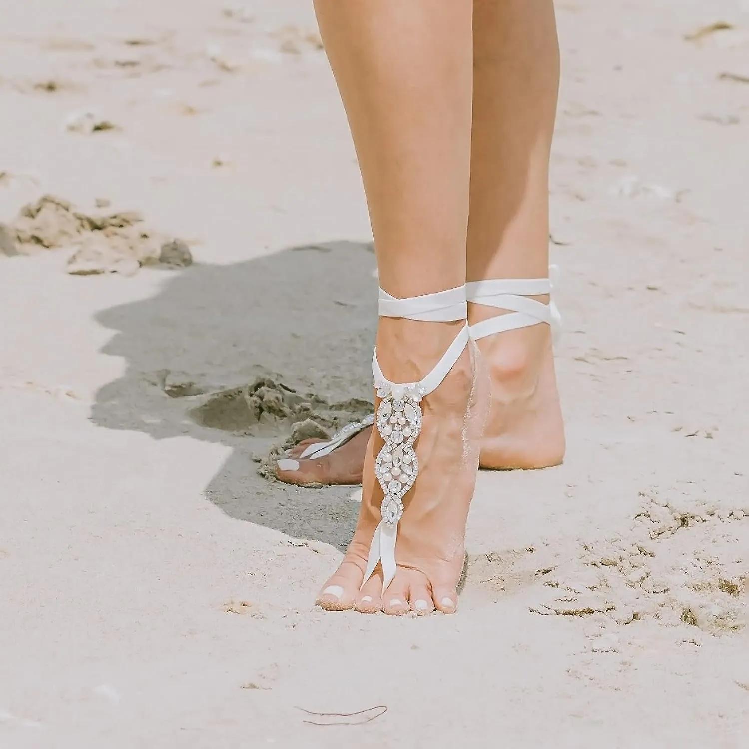 Crystal Barefoot Sandals Women Foot Jewelry for Boho Beach Wedding Brides, Sand Shoes Alternative, Adjustable Elastic One Size Women's Bridesmaid Footwear (Silver - Ivory)