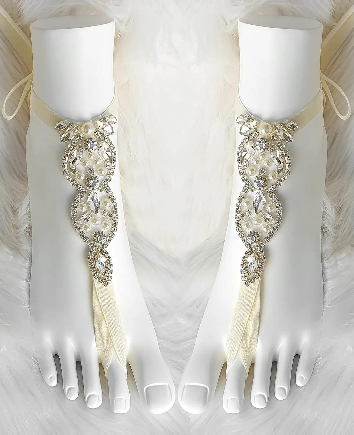 Crystal Barefoot Sandals Women Foot Jewelry for Boho Beach Wedding Brides, Sand Shoes Alternative, Adjustable Elastic One Size Women's Bridesmaid Footwear (Silver - Ivory)