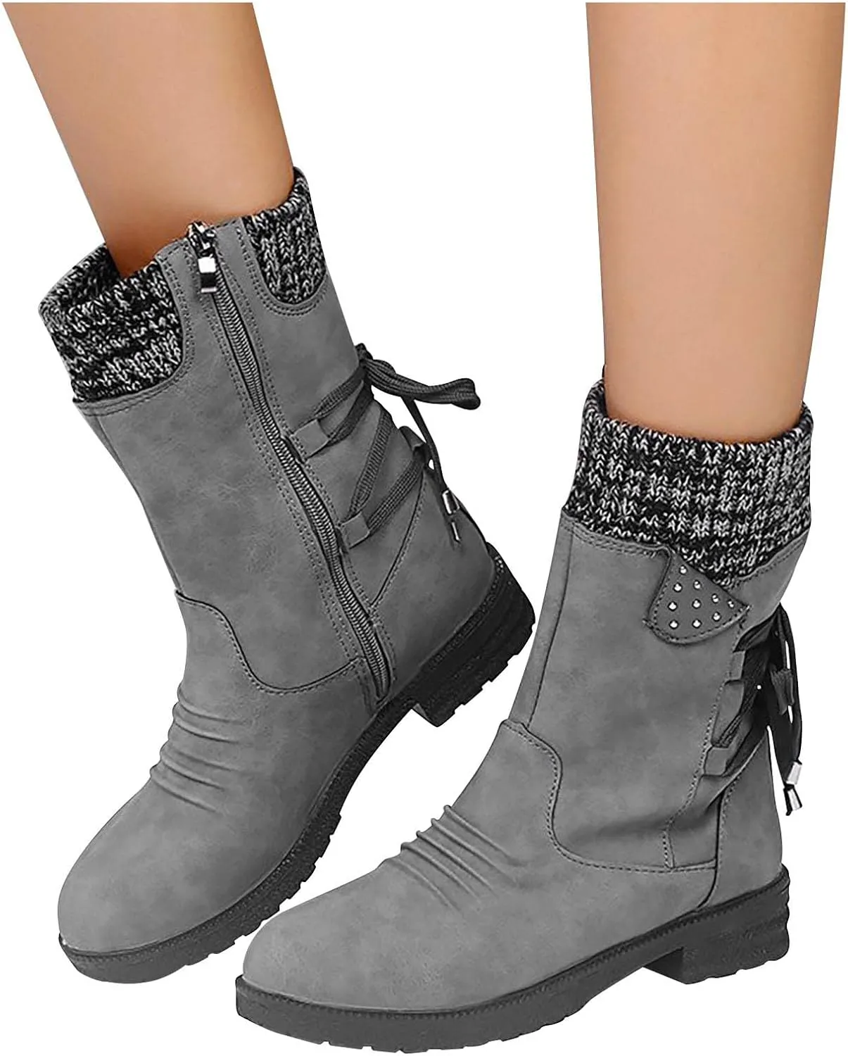 Ctreela Sock Top Boot for Women Fashion Short Combat Boots Slip On Booties with Side Zipper Low Heel Winter Ankle Booties