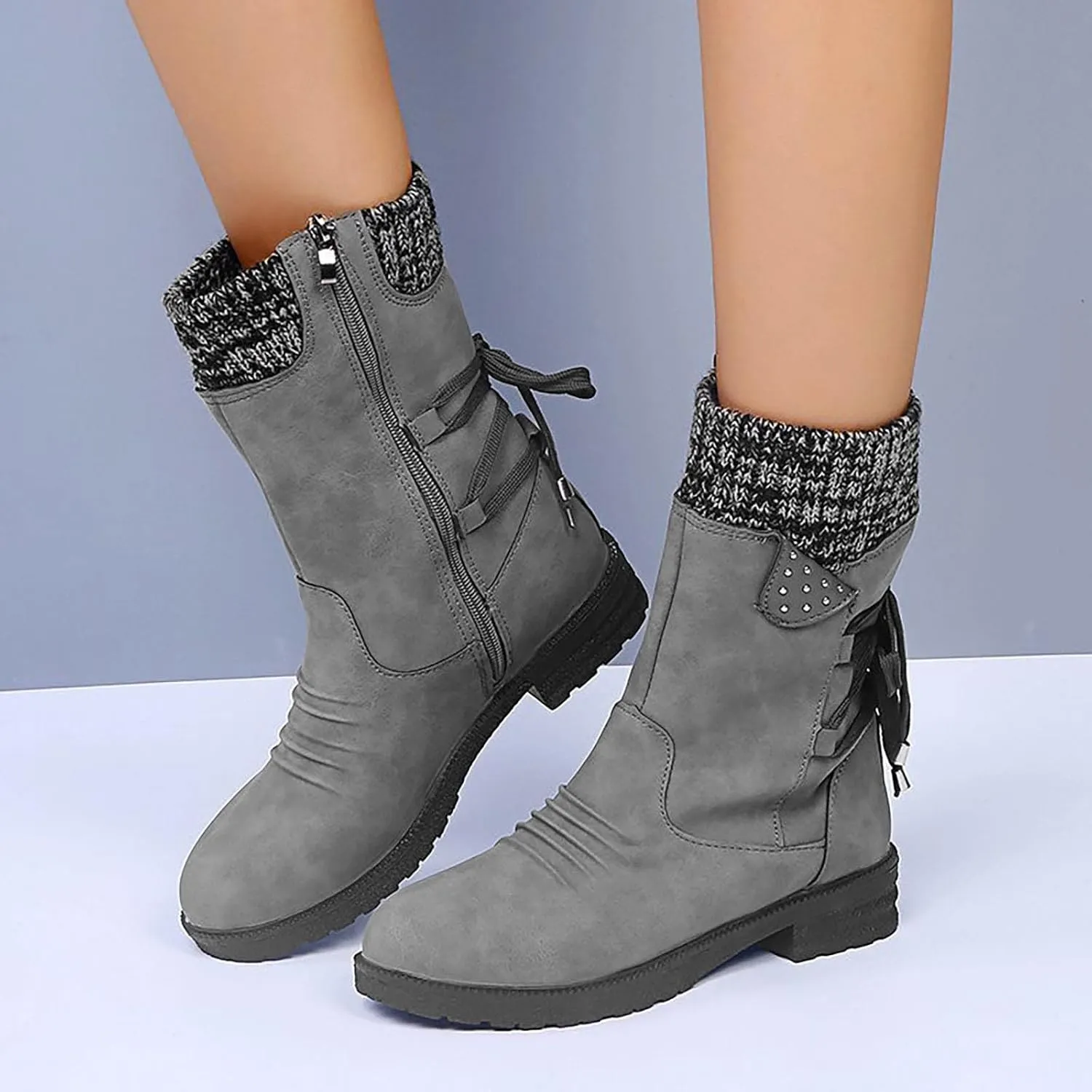 Ctreela Sock Top Boot for Women Fashion Short Combat Boots Slip On Booties with Side Zipper Low Heel Winter Ankle Booties