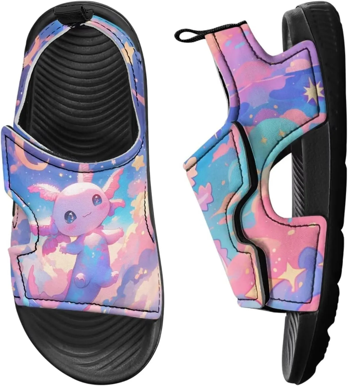 Cute Axolotl Kids Open Toe Slides Girls Boys Slip On Slide Sandals With Adjustable Strap Non-Slip Shower Shoes