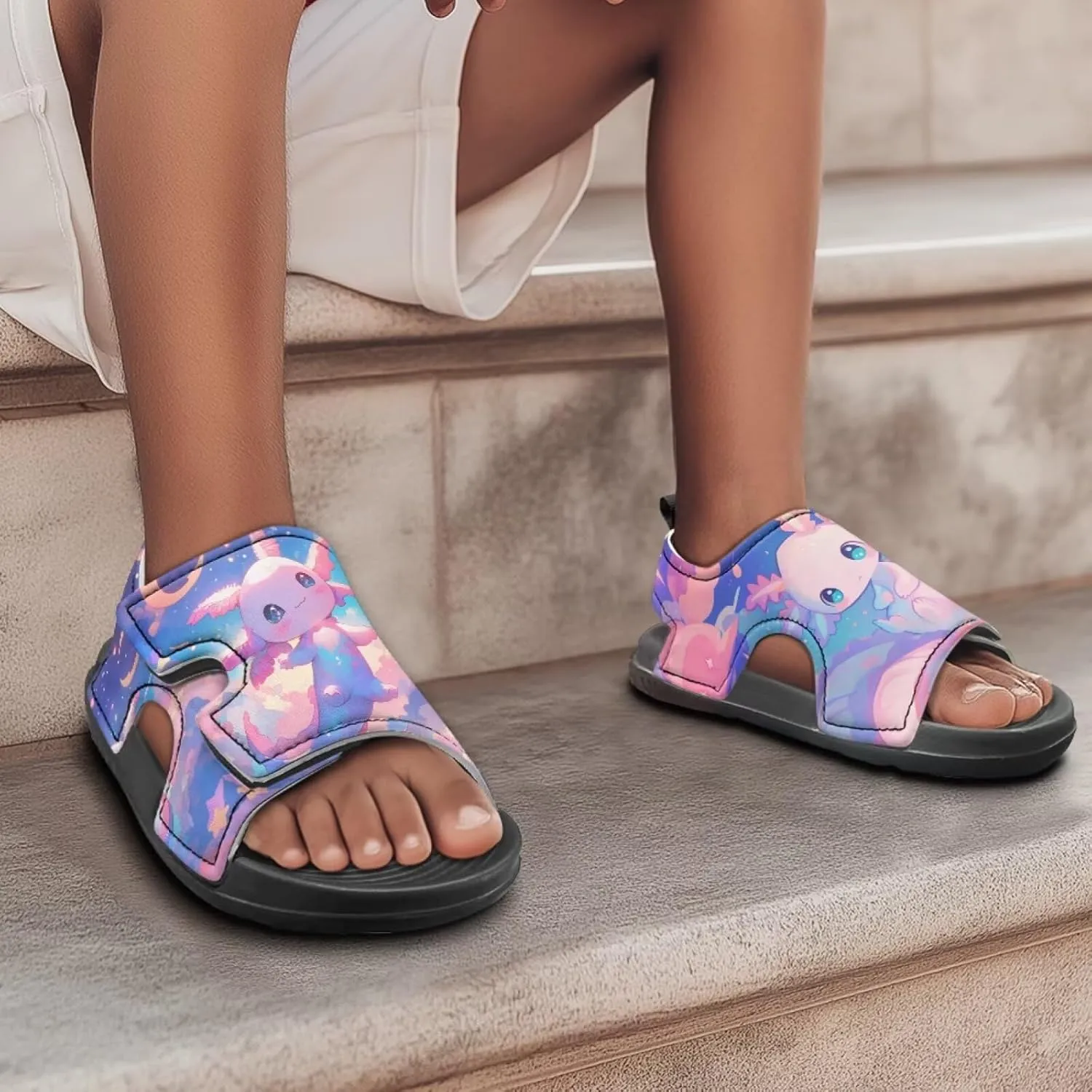 Cute Axolotl Kids Open Toe Slides Girls Boys Slip On Slide Sandals With Adjustable Strap Non-Slip Shower Shoes