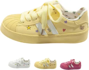 Cute Floral Graffiti Fashion Chunky White Low Top Sneakers for Women Trendy Casual Aesthetic Walking Shoes Yellow Pink