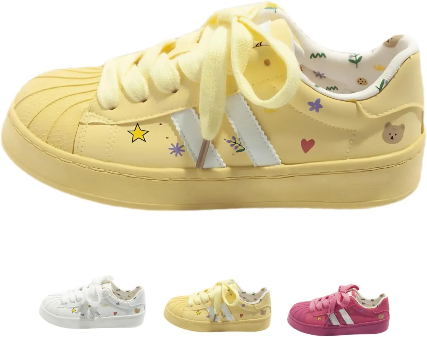 Cute Floral Graffiti Fashion Chunky White Low Top Sneakers for Women Trendy Casual Aesthetic Walking Shoes Yellow Pink