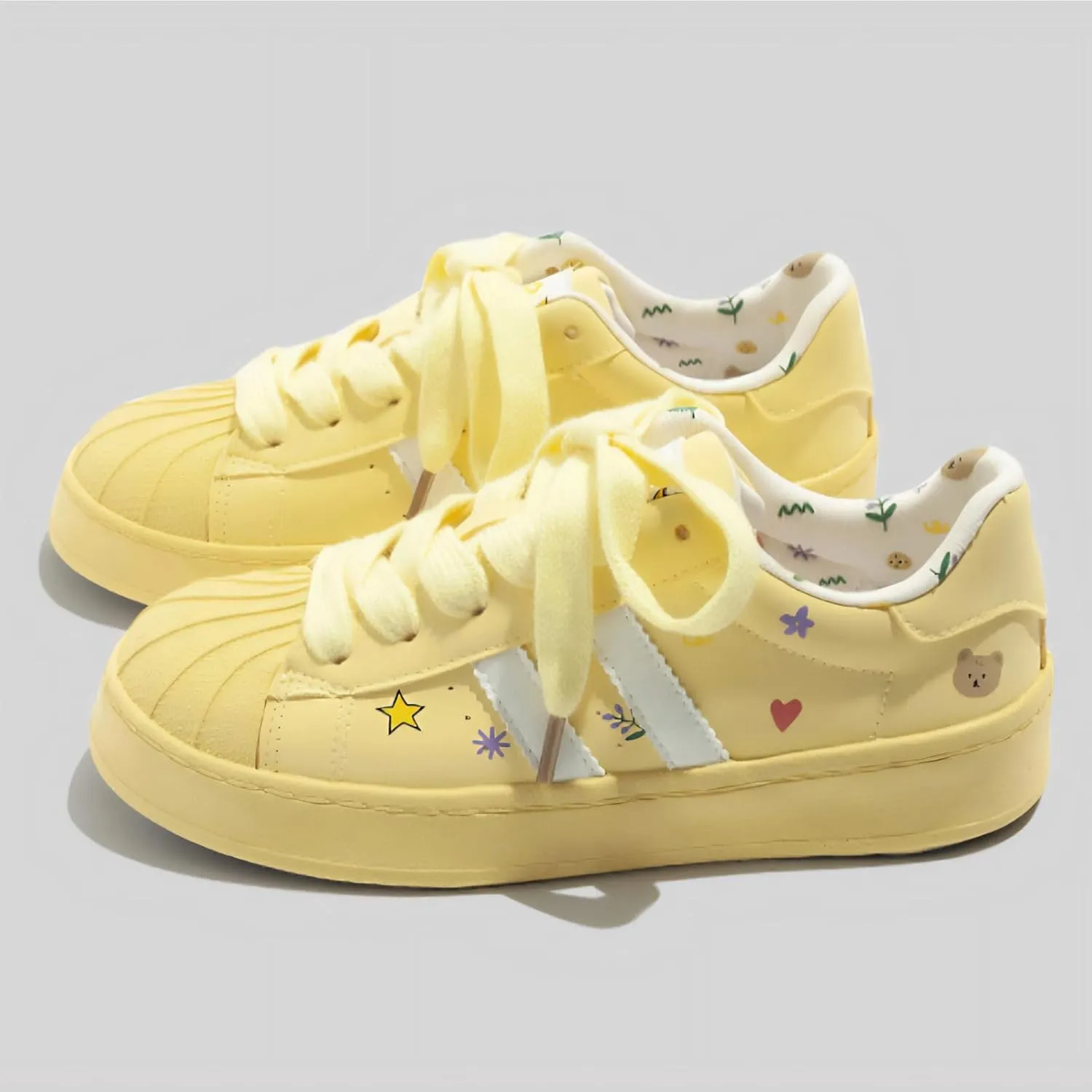 Cute Floral Graffiti Fashion Chunky White Low Top Sneakers for Women Trendy Casual Aesthetic Walking Shoes Yellow Pink