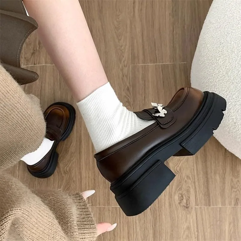 Cute Loafers with Butterflies Charms Platform Elevated Chunky French Block Heel Round Toe Kawaii Y2K Pretty Pastel Retro Trendy Gifts for Women & Girls Vintage Office Commuting Shoes