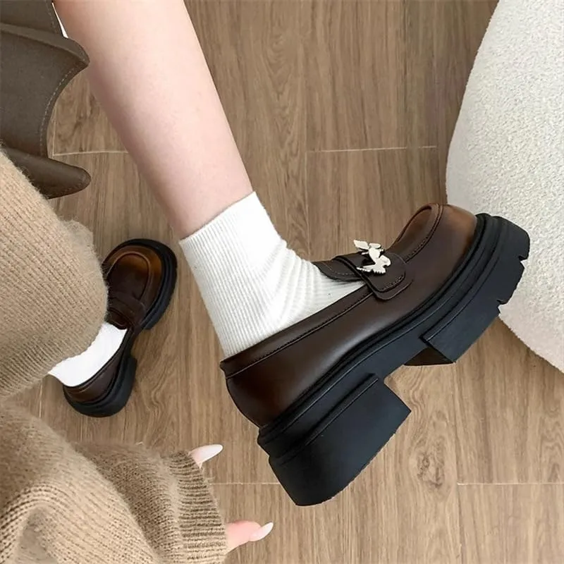 Cute Loafers with Butterflies Charms Platform Elevated Chunky French Block Heel Round Toe Kawaii Y2K Pretty Pastel Retro Trendy Gifts for Women & Girls Vintage Office Commuting Shoes