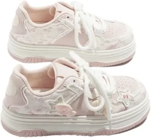 Cute Platform Sneakers Women Girls Teens, Kawaii Pink Fish Charm, Star Patch, Heart Patch, Height Boost, Comfy Non Slip