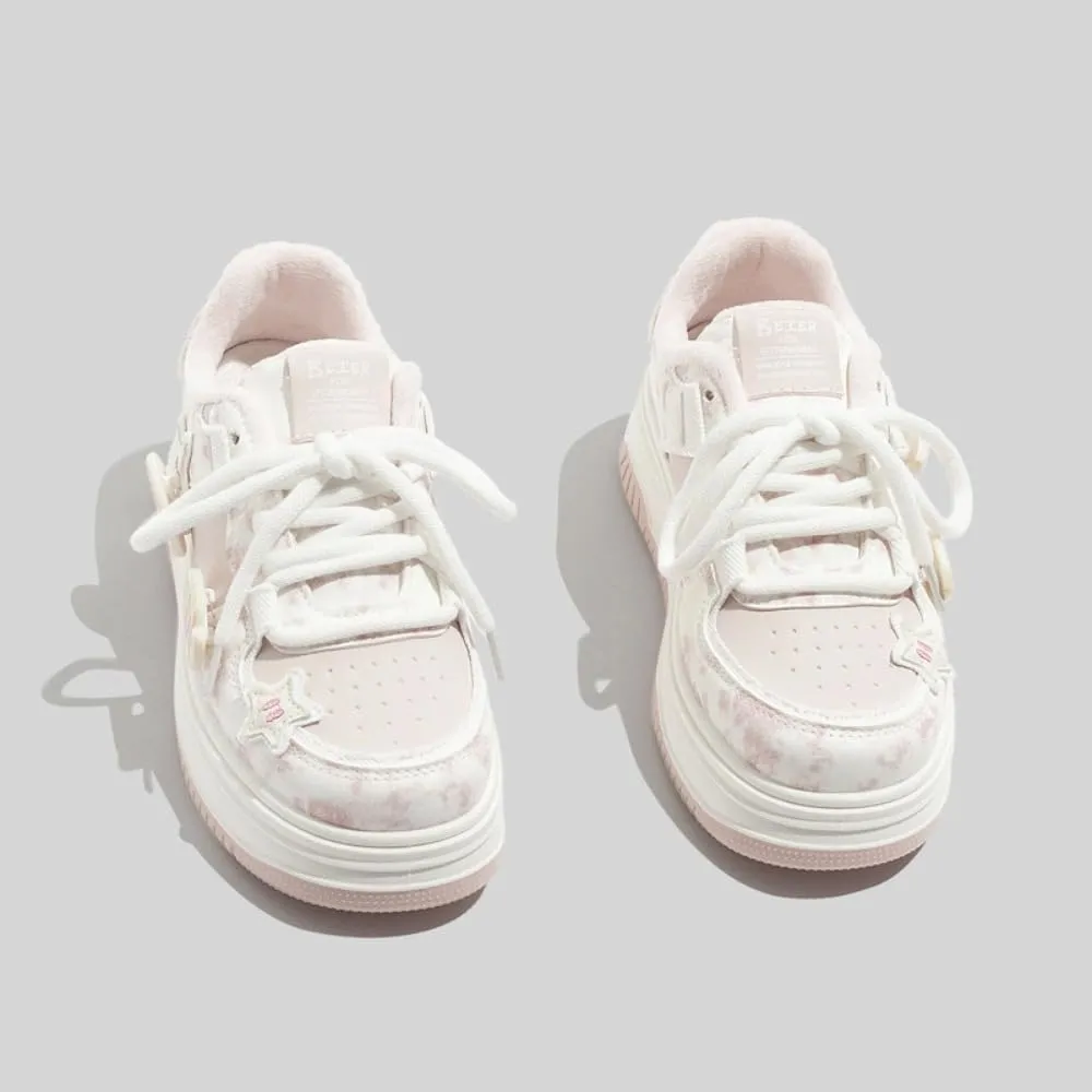 Cute Platform Sneakers Women Girls Teens, Kawaii Pink Fish Charm, Star Patch, Heart Patch, Height Boost, Comfy Non Slip