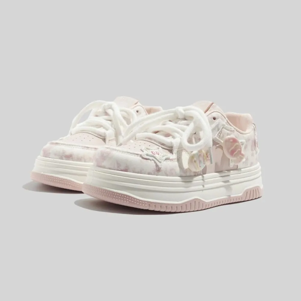 Cute Platform Sneakers Women Girls Teens, Kawaii Pink Fish Charm, Star Patch, Heart Patch, Height Boost, Comfy Non Slip