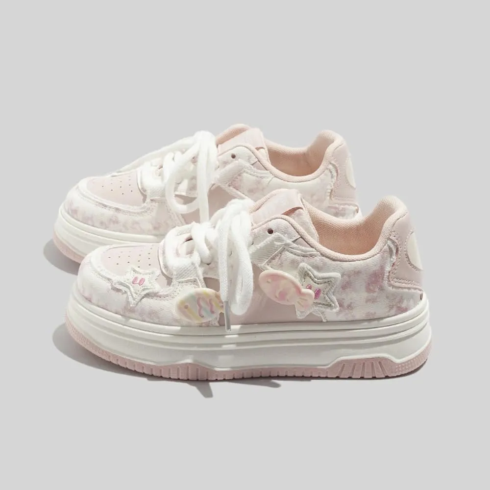 Cute Platform Sneakers Women Girls Teens, Kawaii Pink Fish Charm, Star Patch, Heart Patch, Height Boost, Comfy Non Slip