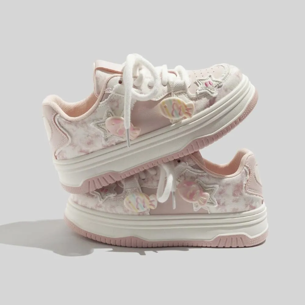 Cute Platform Sneakers Women Girls Teens, Kawaii Pink Fish Charm, Star Patch, Heart Patch, Height Boost, Comfy Non Slip