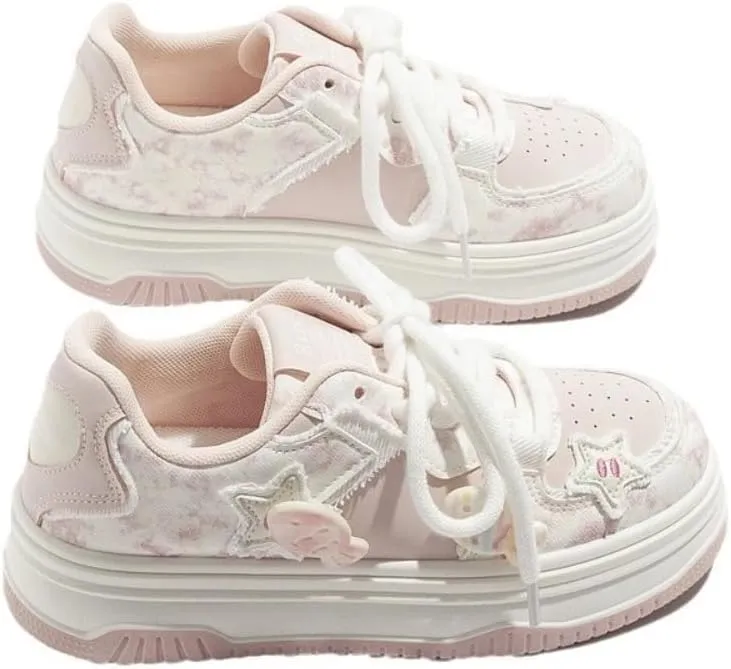 Cute Platform Sneakers Women Girls Teens, Kawaii Pink Fish Charm, Star Patch, Heart Patch, Height Boost, Comfy Non Slip