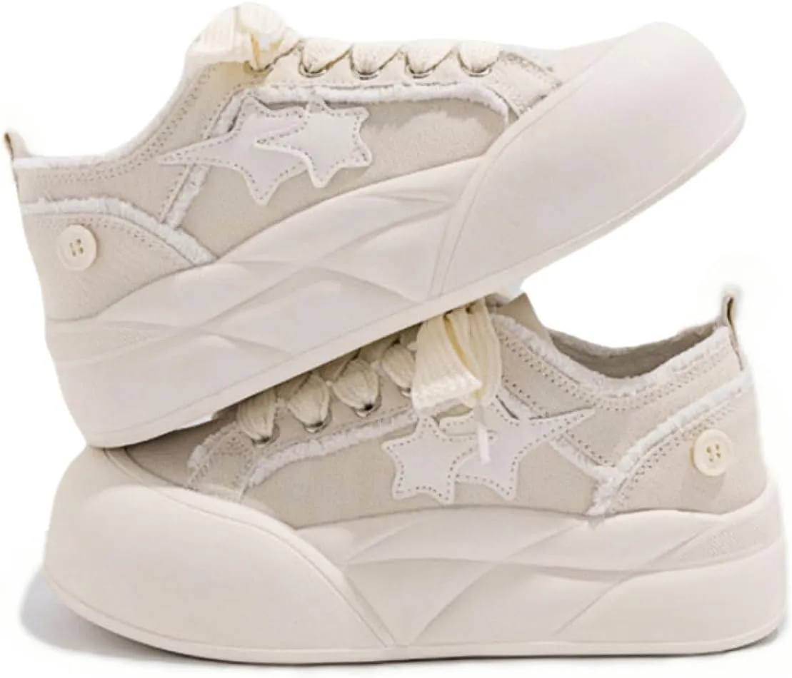 Cute Star Chunky Sole Aesthetic Shoes Low Top Walking Sneakers for Women - Platform Trendy Shoes with Soft Cushioned Insole & Breathable Denim Upper
