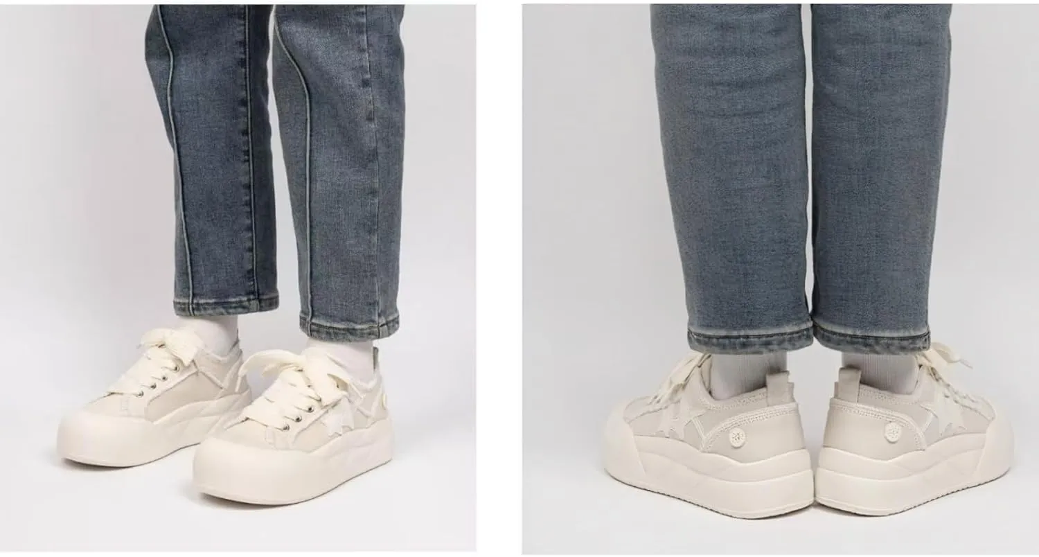 Cute Star Chunky Sole Aesthetic Shoes Low Top Walking Sneakers for Women - Platform Trendy Shoes with Soft Cushioned Insole & Breathable Denim Upper