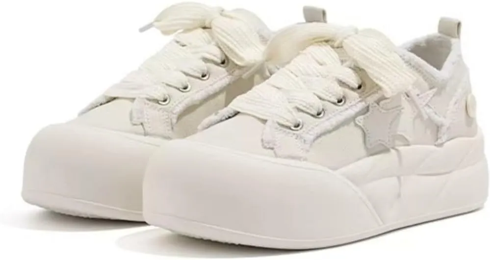 Cute Star Chunky Sole Aesthetic Shoes Low Top Walking Sneakers for Women - Platform Trendy Shoes with Soft Cushioned Insole & Breathable Denim Upper