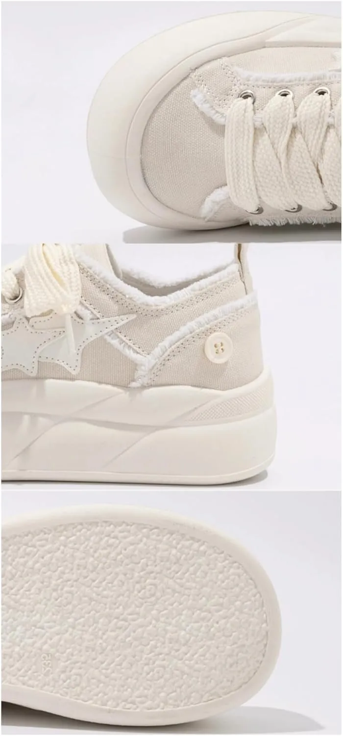 Cute Star Chunky Sole Aesthetic Shoes Low Top Walking Sneakers for Women - Platform Trendy Shoes with Soft Cushioned Insole & Breathable Denim Upper
