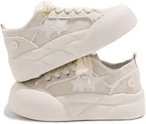 Cute Star Chunky Sole Aesthetic Shoes Low Top Walking Sneakers for Women - Platform Trendy Shoes with Soft Cushioned Insole & Breathable Denim Upper