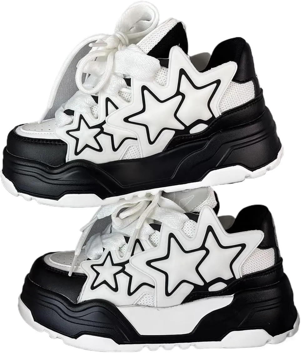 Cute Star Shoes for Women Chunky Platform Lace-up Comfortable Slip-Resistant Lightweight Soles Casual Sneakers Kawaii Y2K Retro Pretty Pastel Gifts for Girls